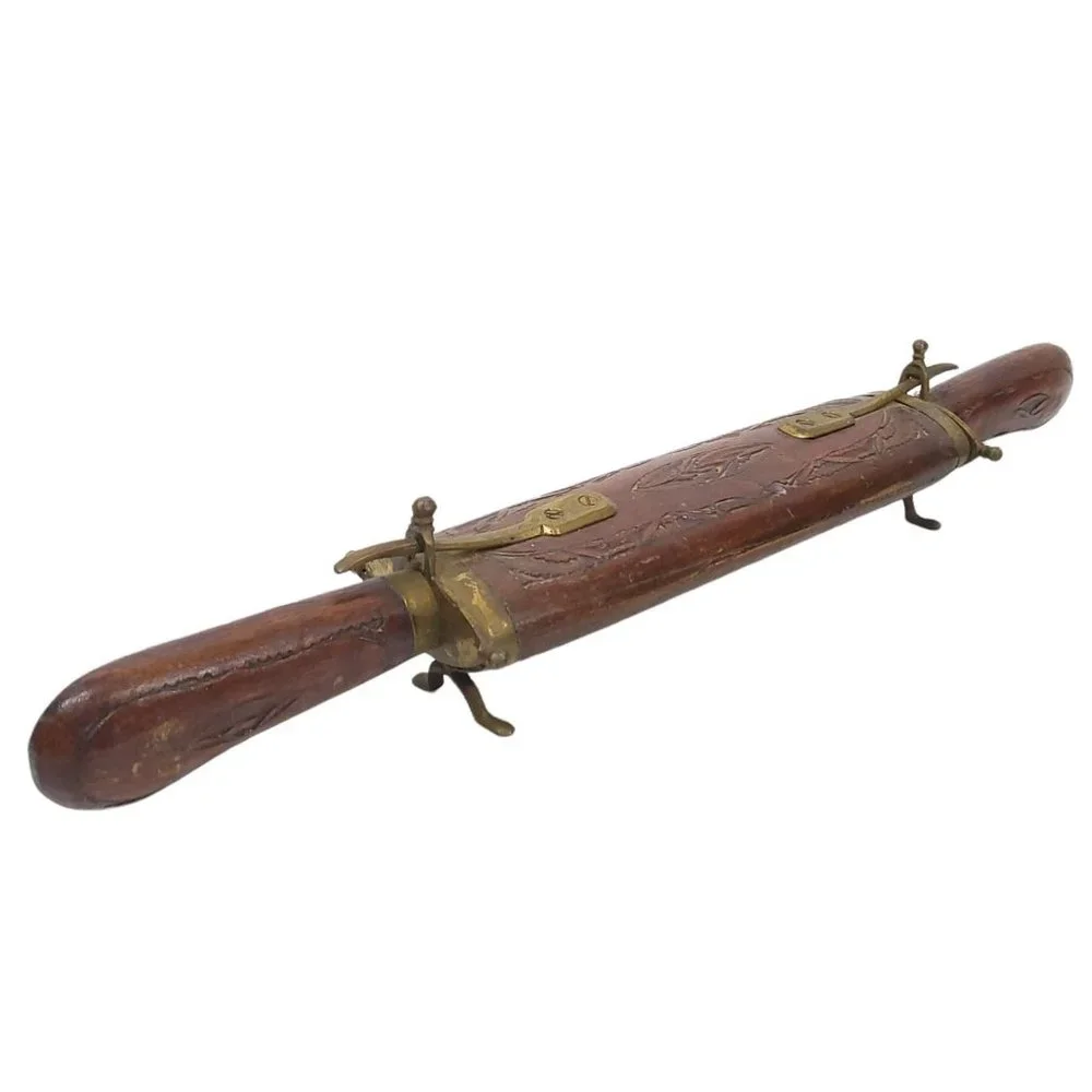 Vintage Carving Knife Fork Set Carved Wood Sheath Brass Engraved India